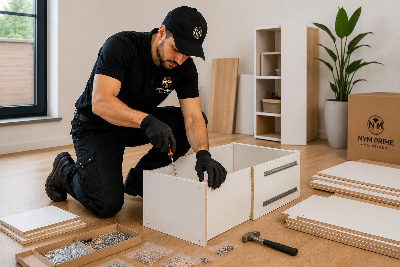 Careful professional disassembly of furniture before a move with labelled components