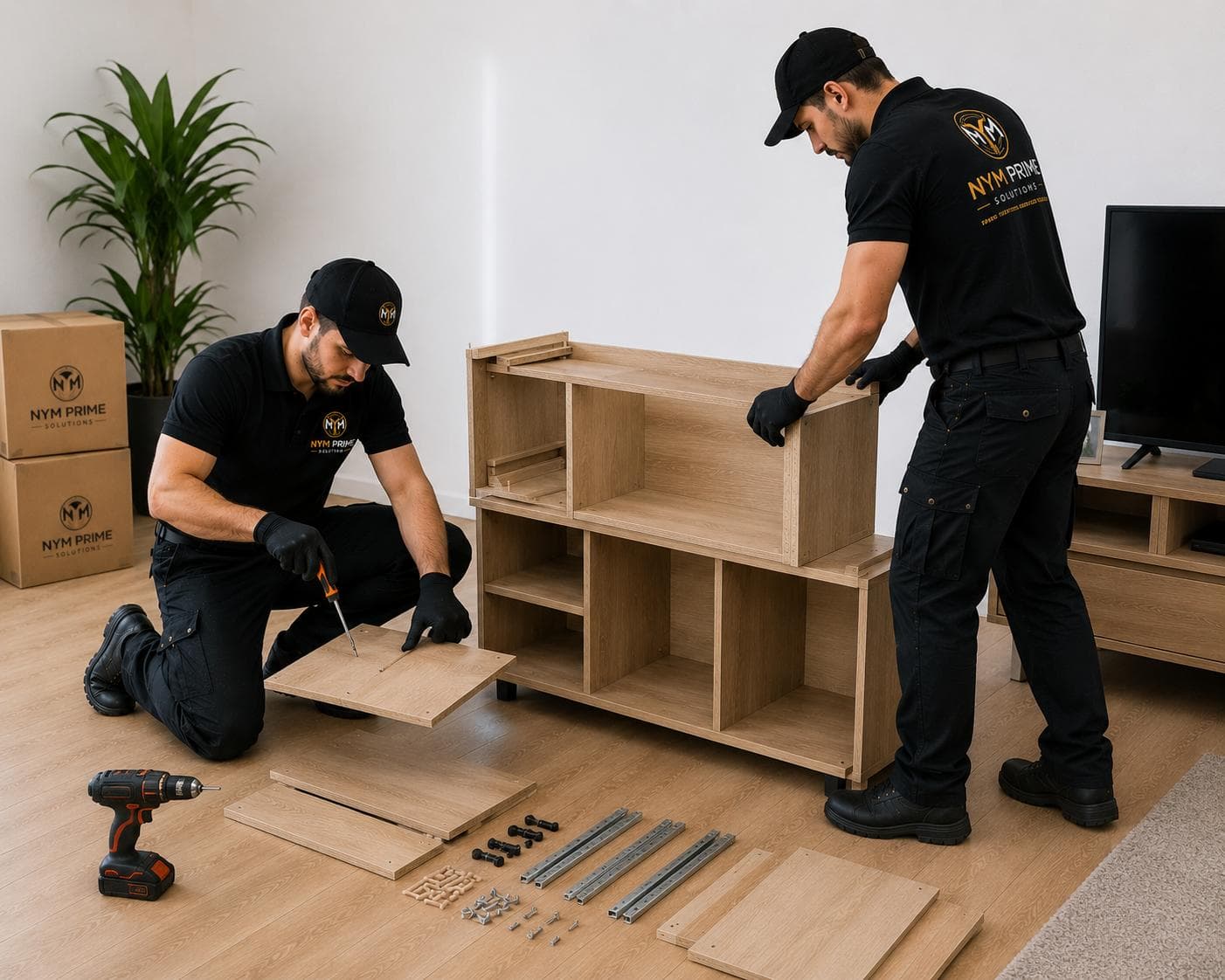 Experienced assembler checking furniture components during a professional installation