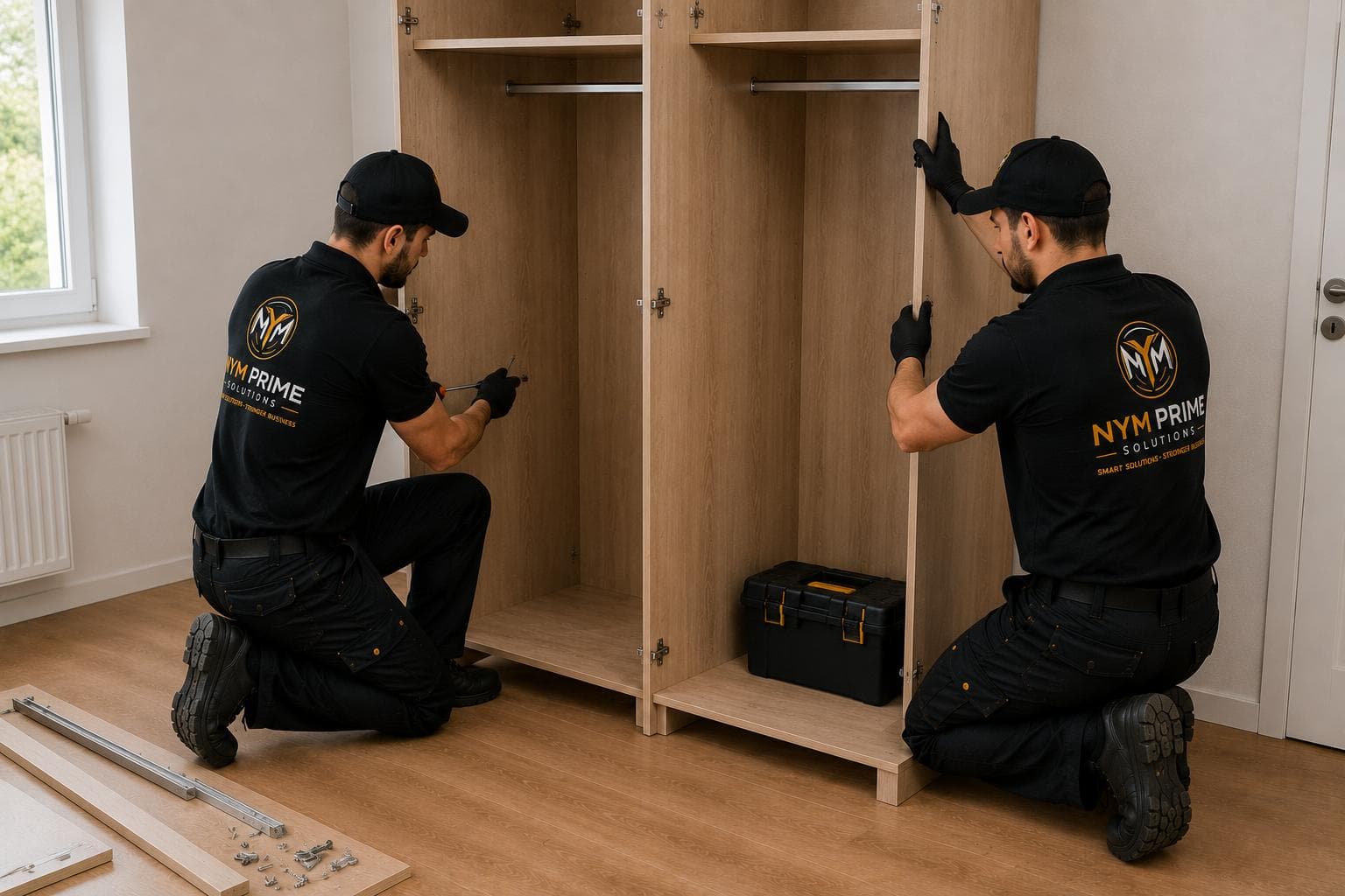 NYM Prime Solutions technician adjusting doors and drawers on assembled cabinetry