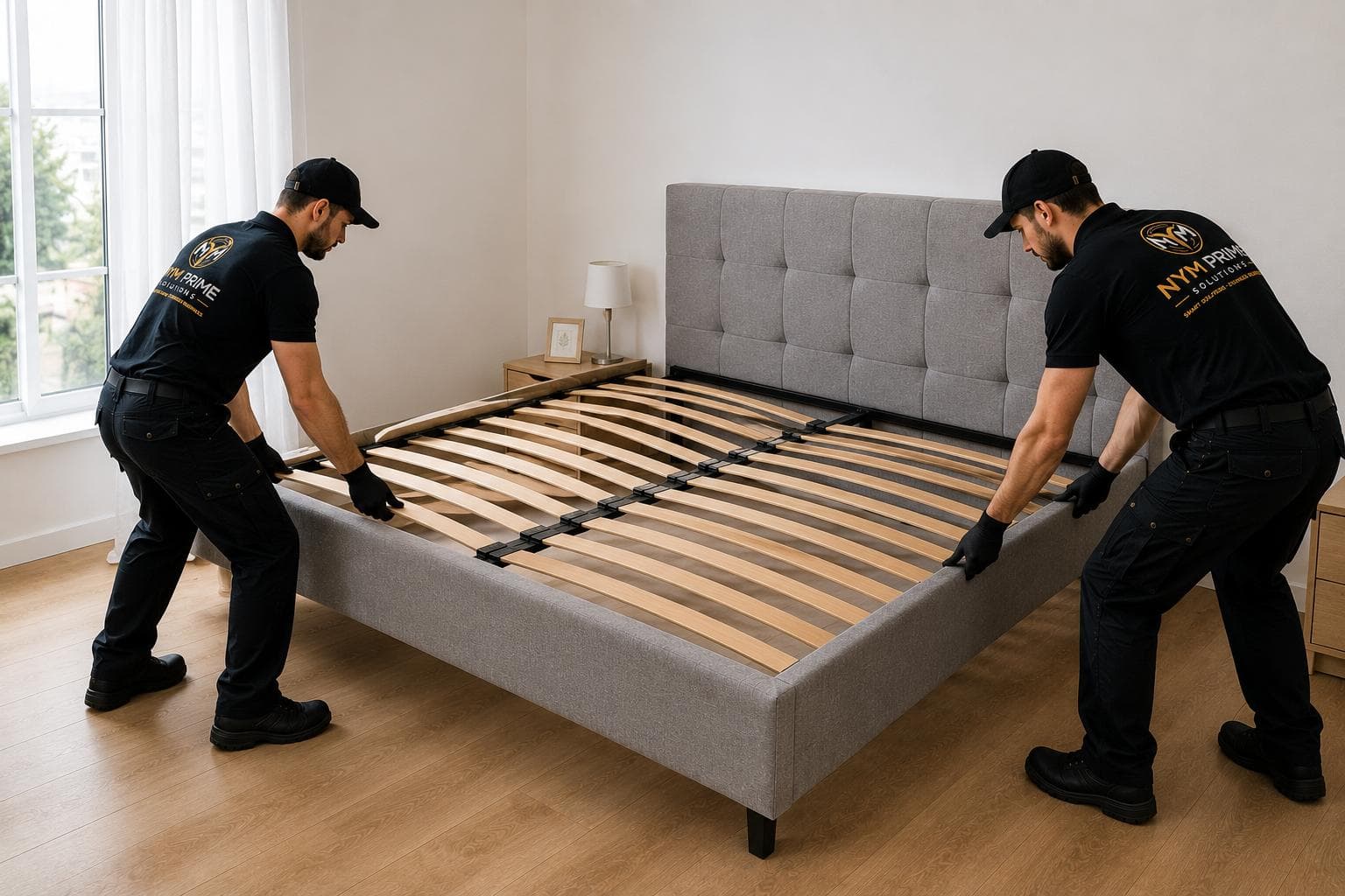 Team assembling living room furniture with protective handling of materials and surfaces