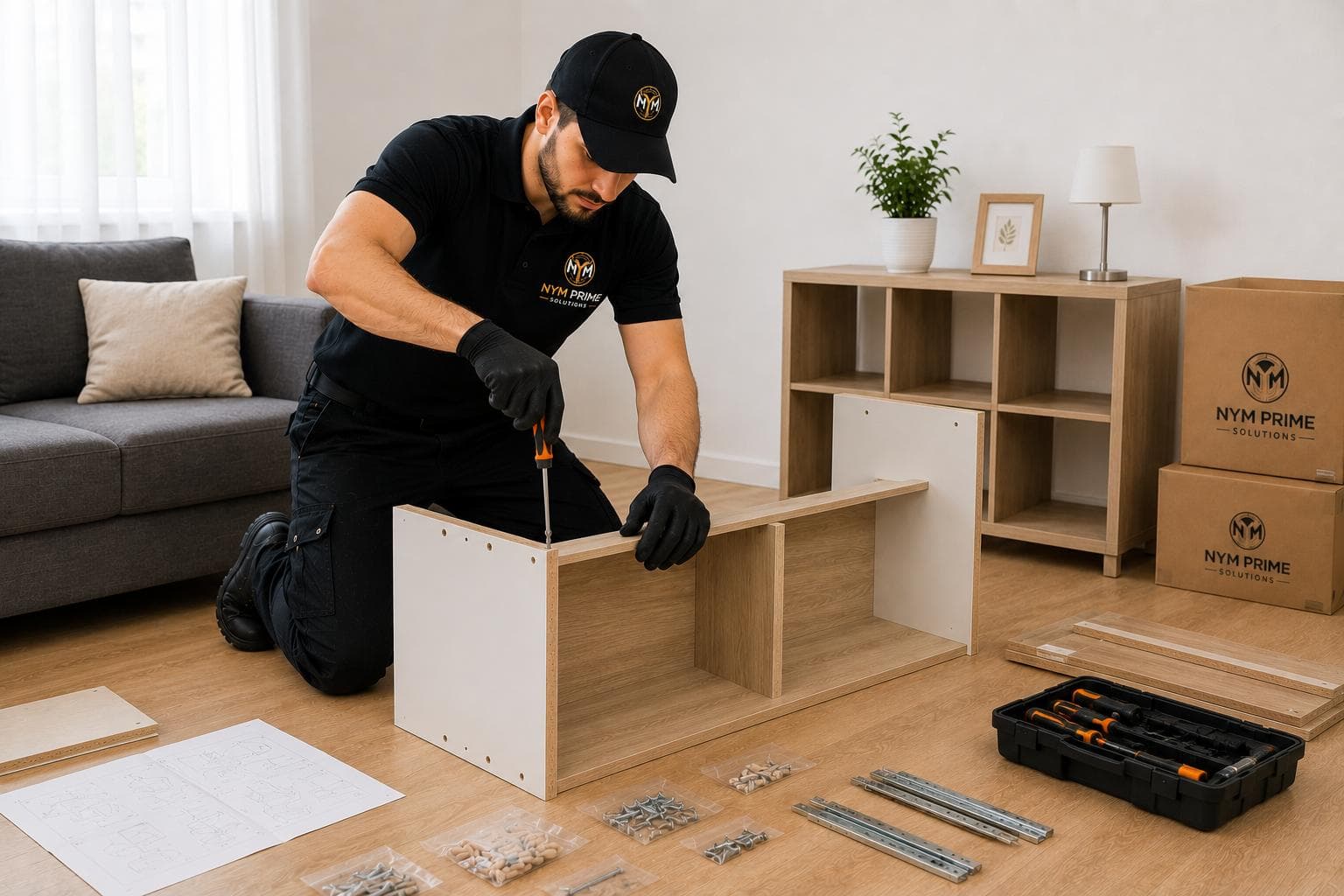Assembler working on kitchen or modular furniture with manufacturer-specified methods