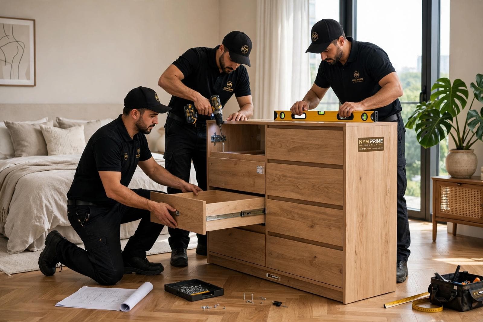 NYM Prime Solutions team assembling office desks and commercial furniture