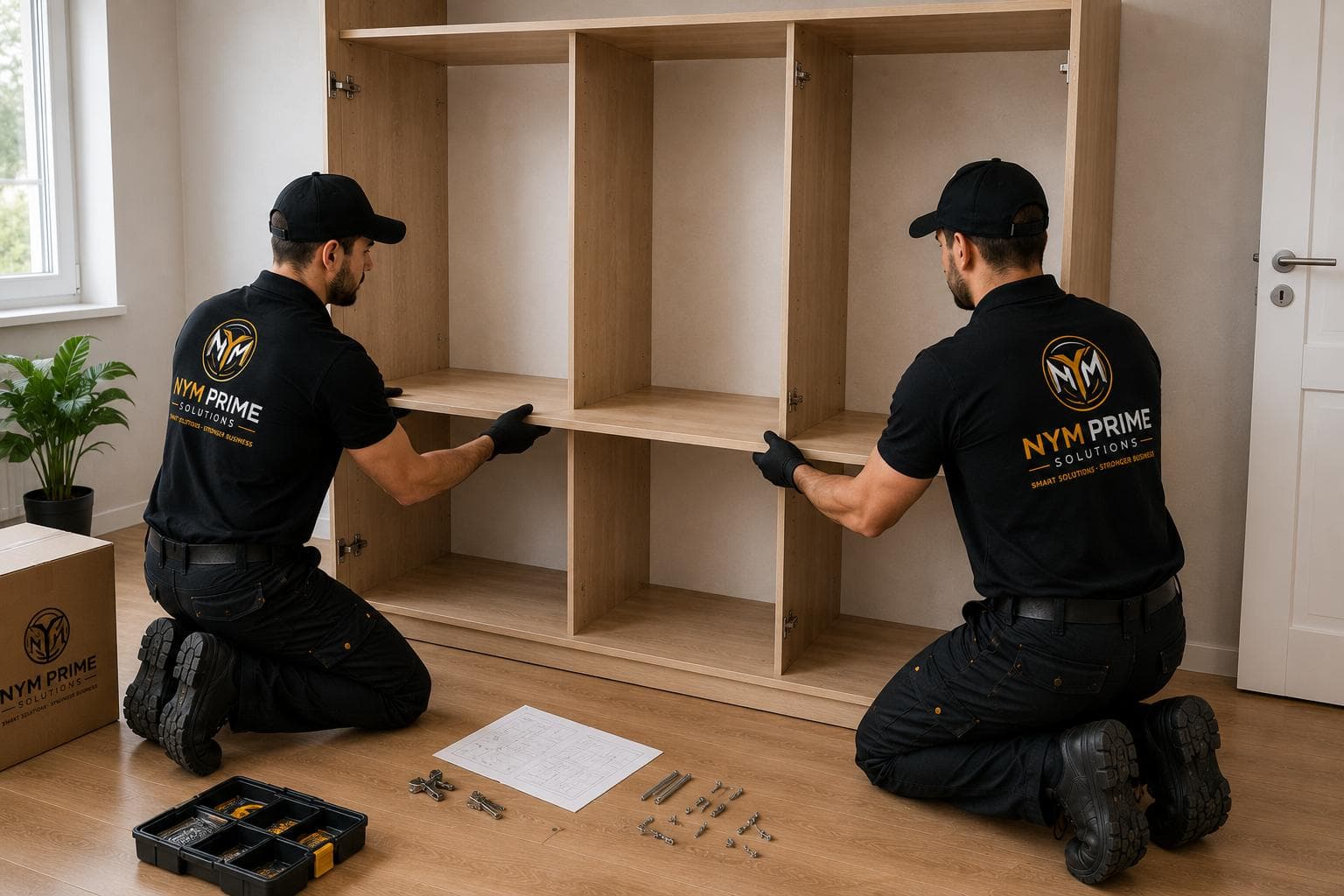 Final stability and functionality check on completed furniture assembly work