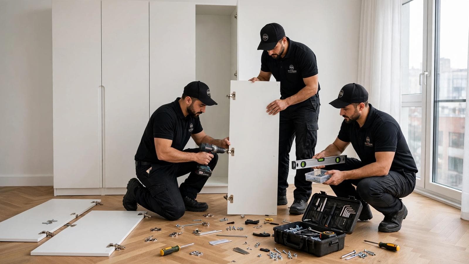 Children's or modular furniture being assembled with careful attention to safety