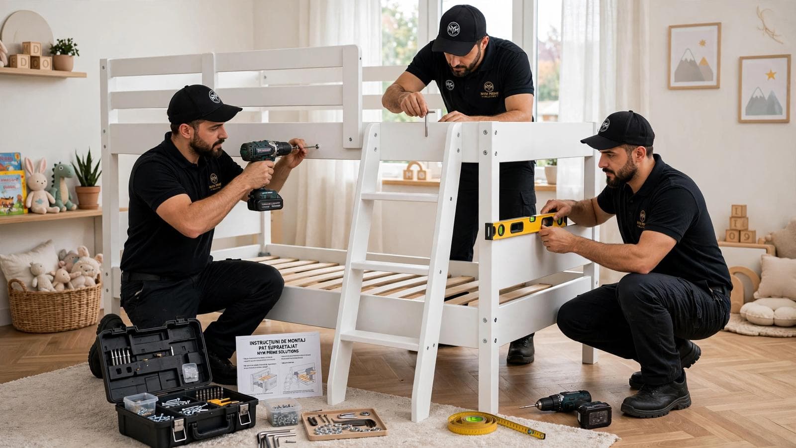NYM Prime Solutions workers assembling a bunk bed with precision and care