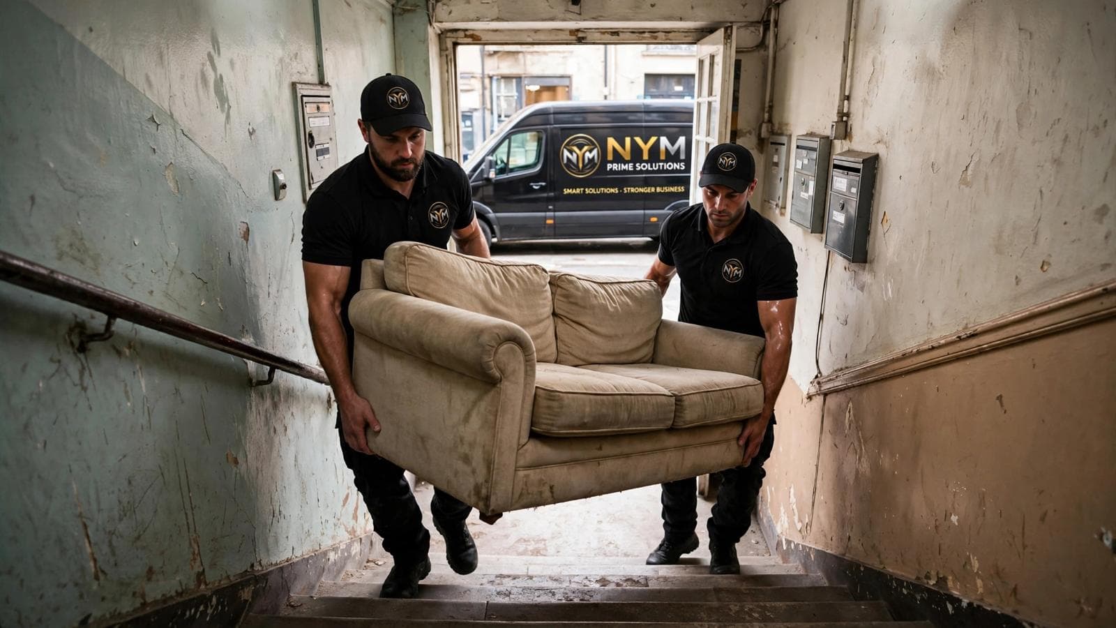 Office furniture and equipment being removed during a commercial property clearance