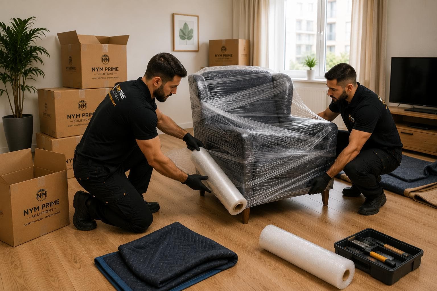 Déménageurs enveloppant soigneusement un fauteuil avec une bâche de protection avant le transport