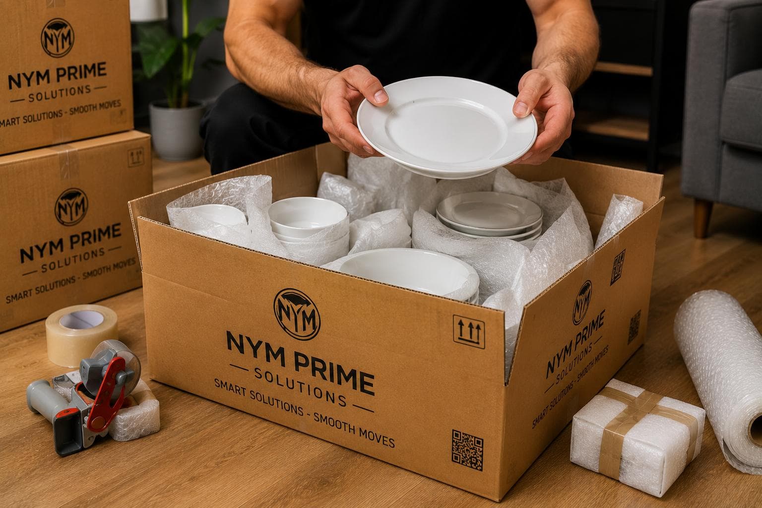 Emballage professionnel d'assiettes fragiles dans un carton de déménagement NYM Prime Solutions