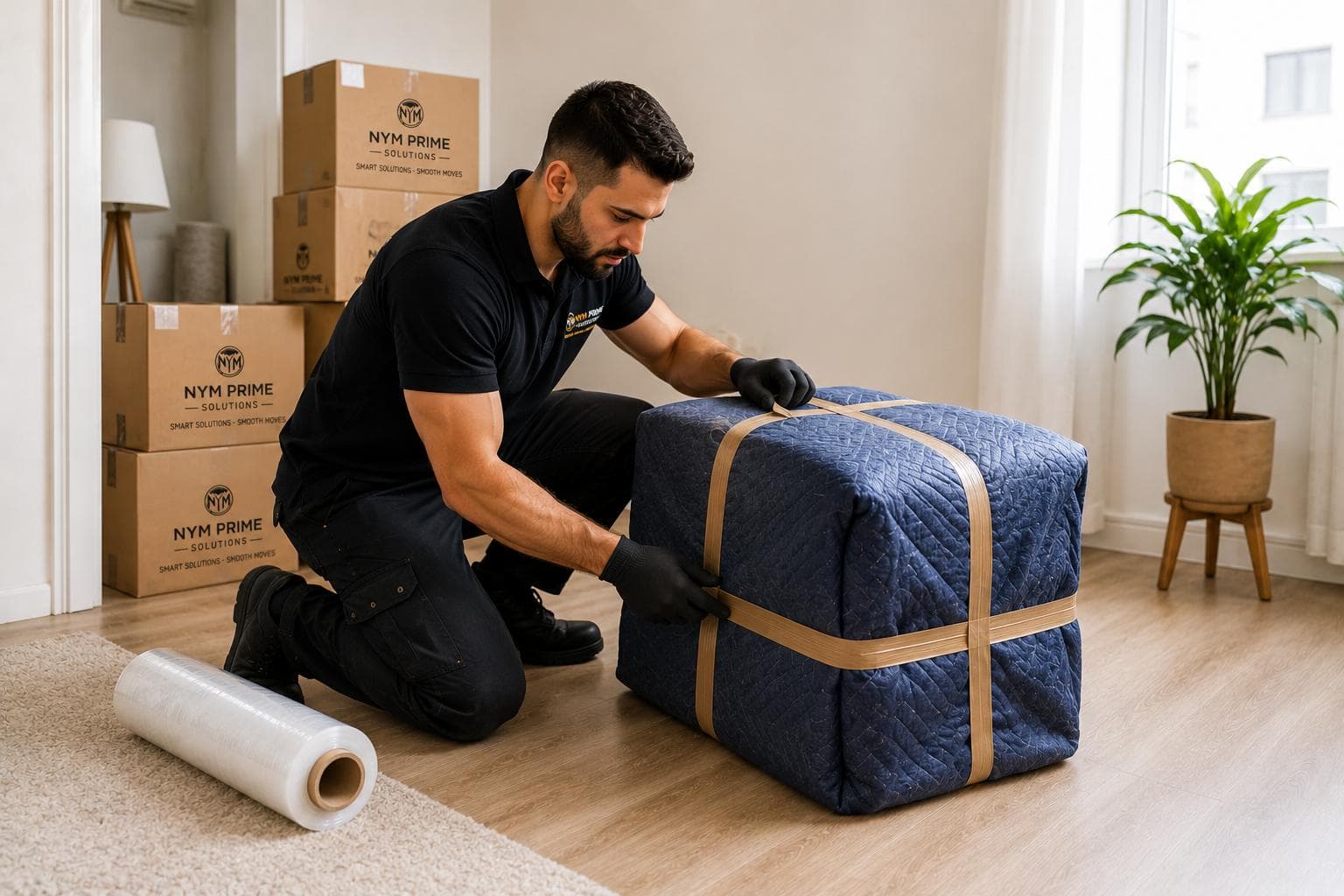 Déménageur fixant un meuble avec une couverture matelassée et du ruban adhésif de protection