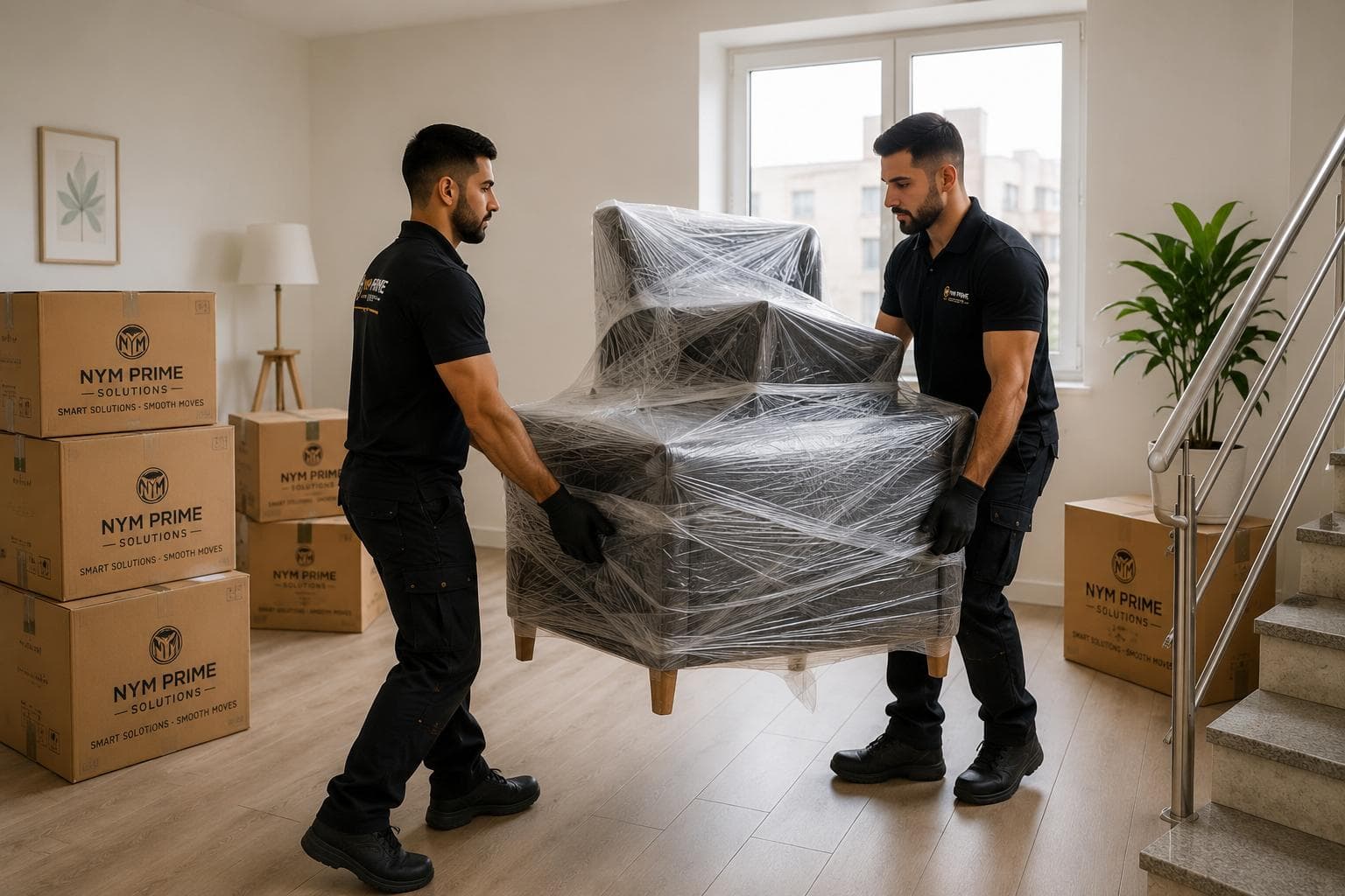 Deux déménageurs transportant un fauteuil emballé dans un appartement lumineux