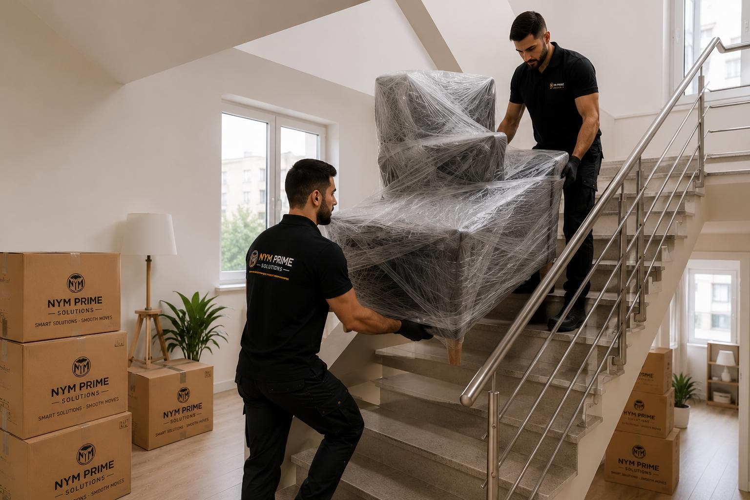 Équipe professionnelle transportant des meubles protégés dans un escalier lors d'un déménagement