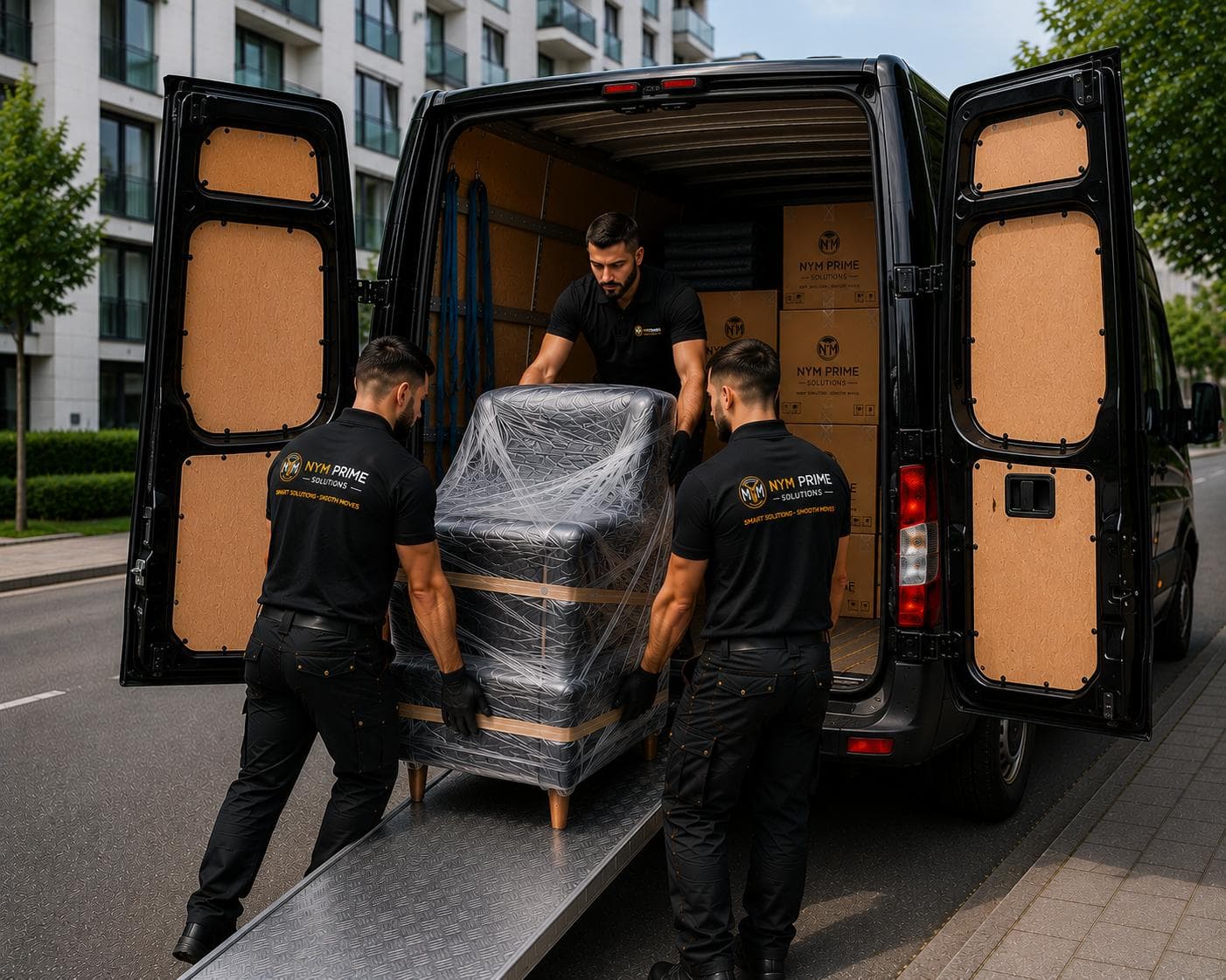 Déménageurs chargeant un fauteuil emballé dans le camion NYM Prime Solutions avec une rampe