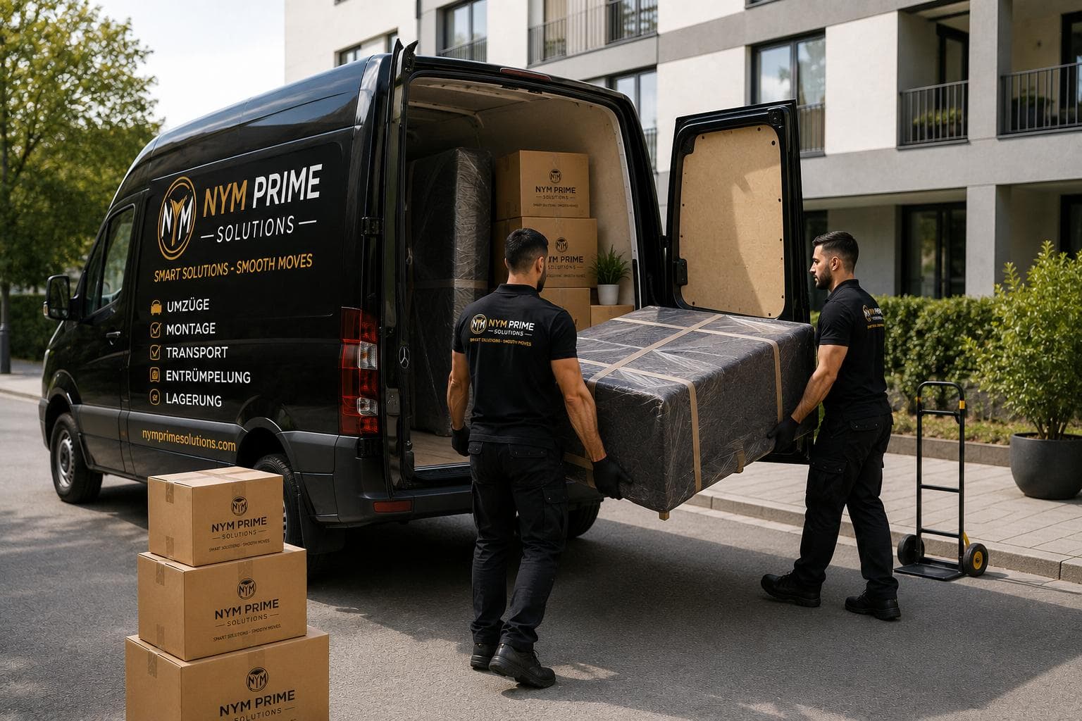 Camion NYM Prime Solutions avec équipe chargeant des meubles protégés devant une résidence