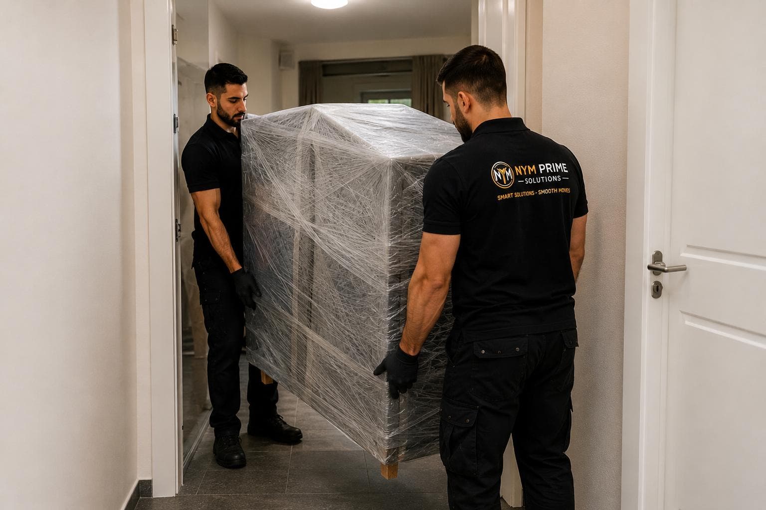 Déménageurs transportant un grand meuble emballé dans un couloir moderne