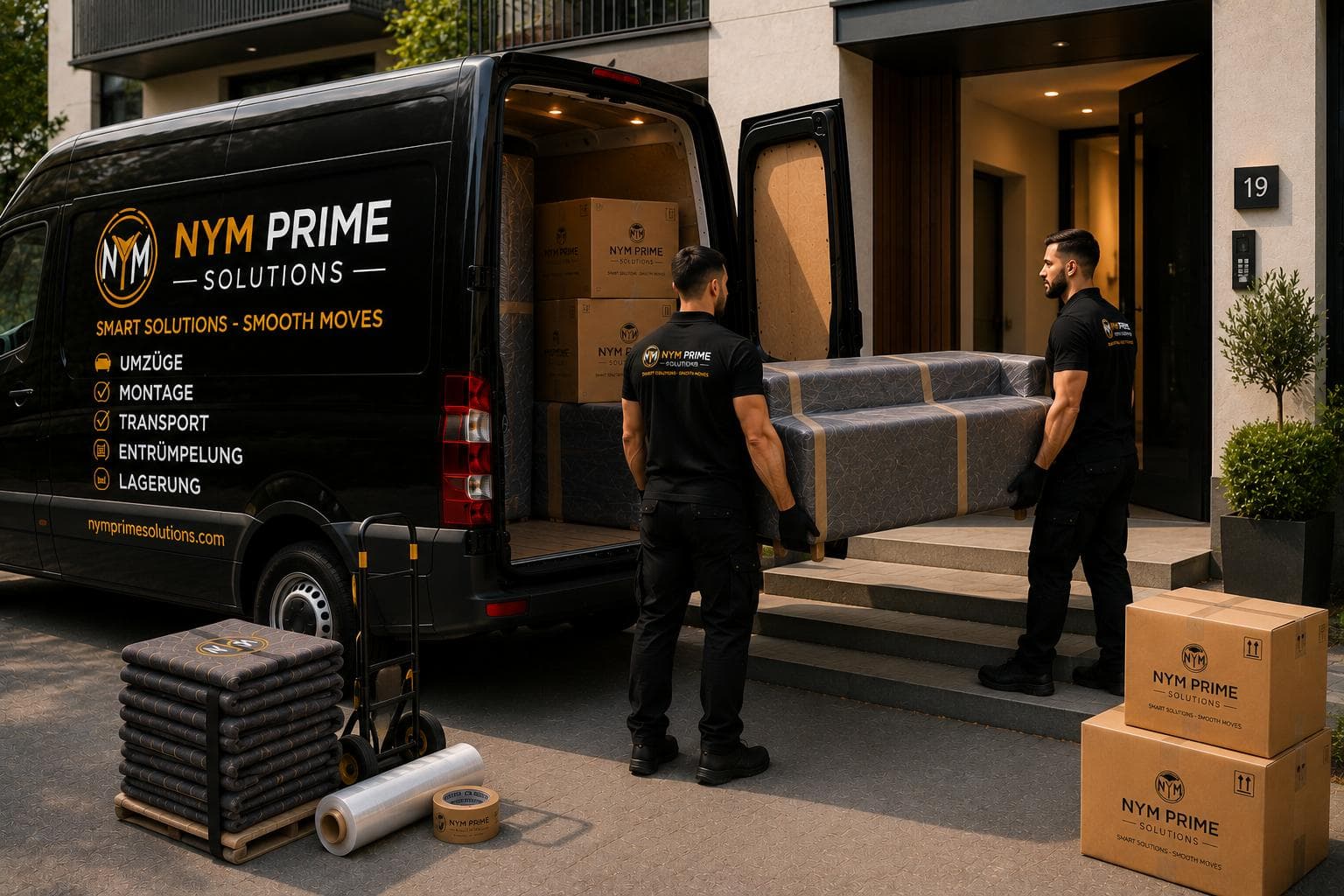 Camion NYM Prime Solutions garé devant une maison moderne avec équipe et matériel prêts