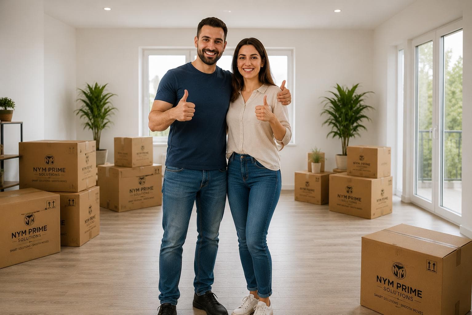 Clients satisfaits dans leur nouveau logement entourés de cartons de déménagement NYM Prime Solutions