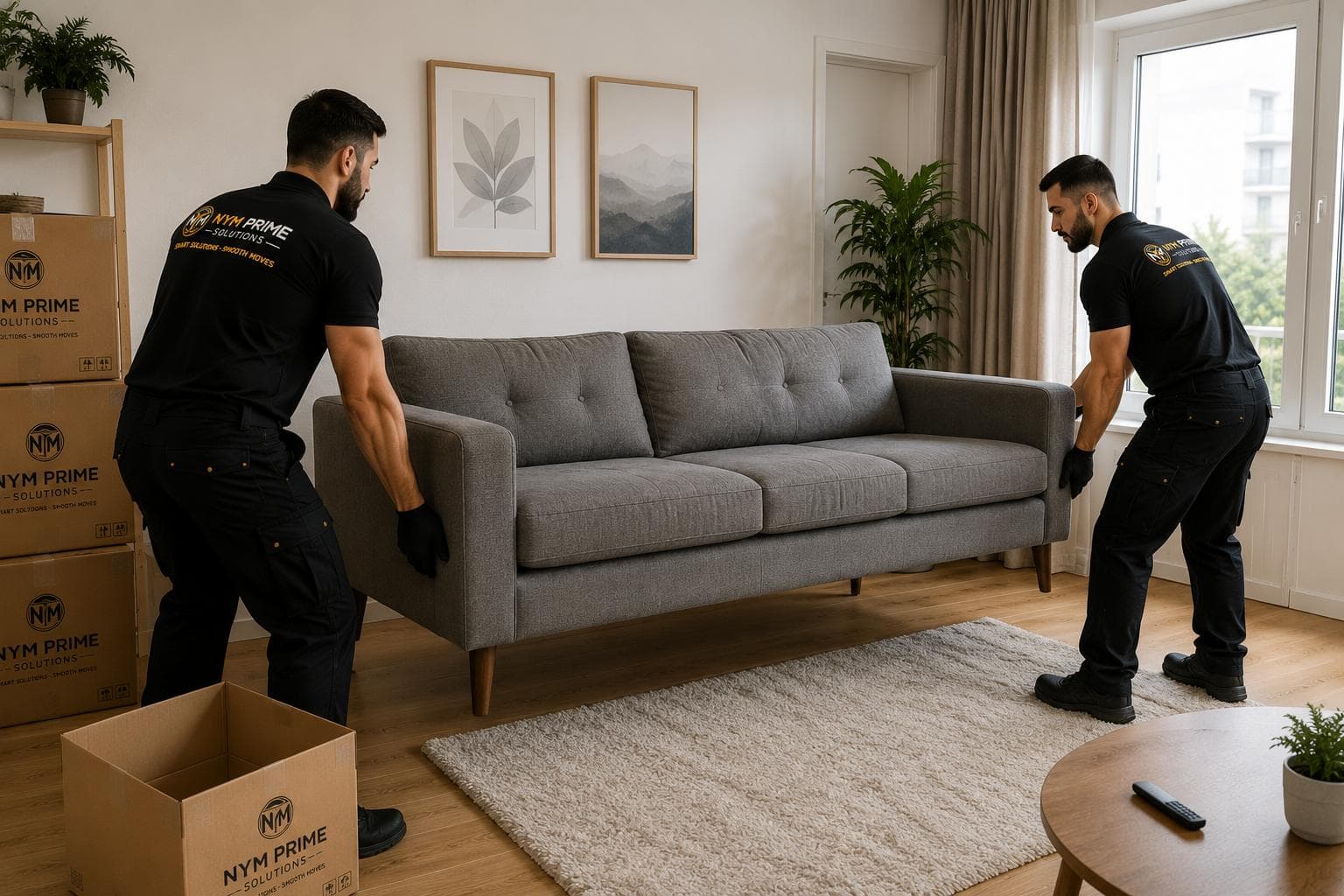 Déménageurs professionnels NYM Prime Solutions portant un canapé dans un salon moderne
