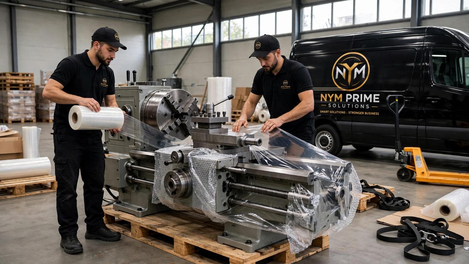 Industrial transport team assessing dimensions and weight of business equipment