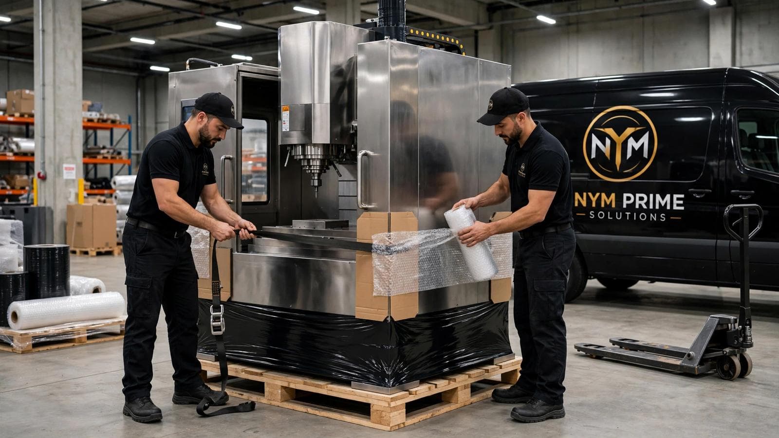Team loading bulky commercial goods with appropriate protection methods