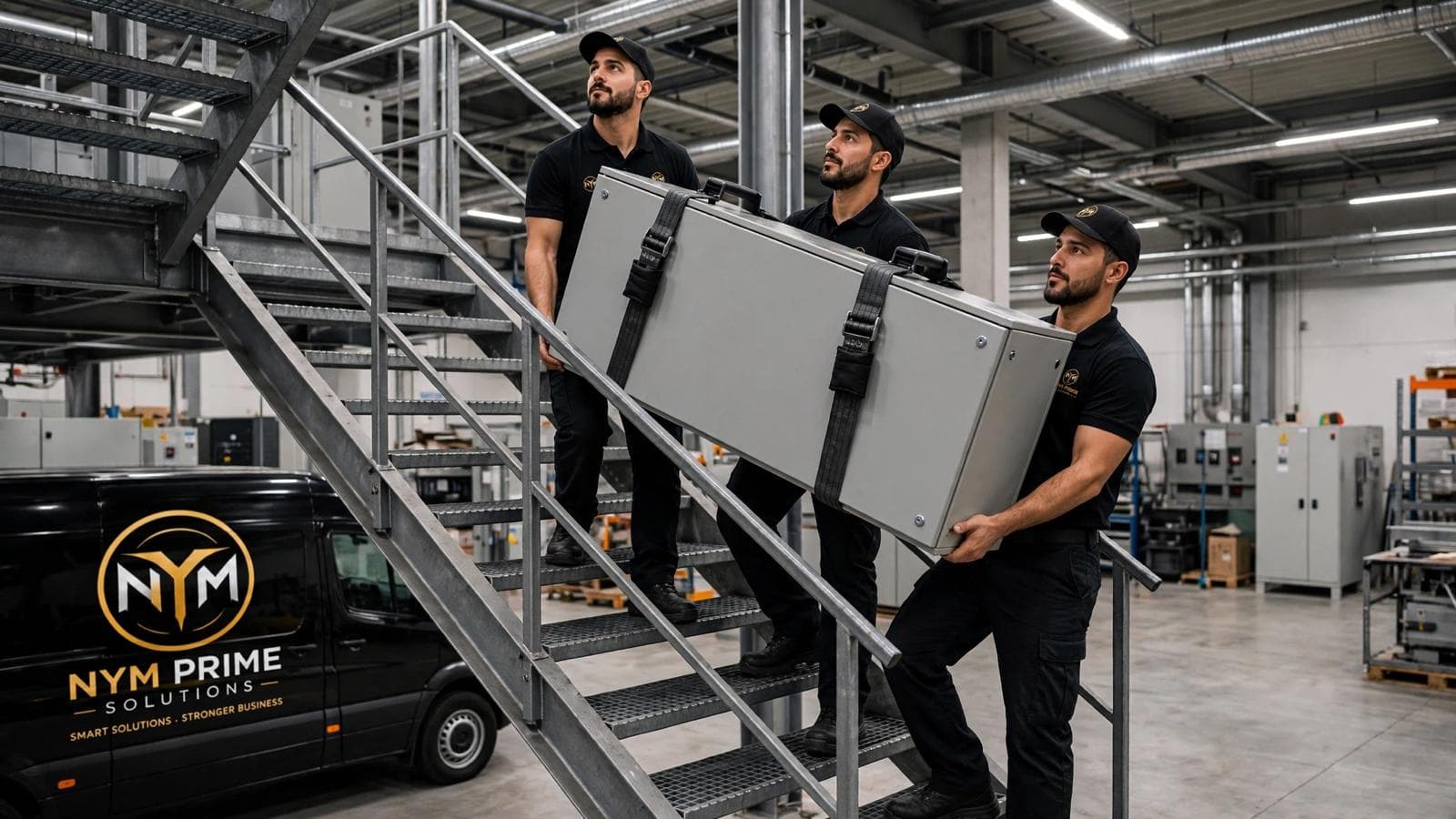 Coordinated unloading of business equipment at the destination site