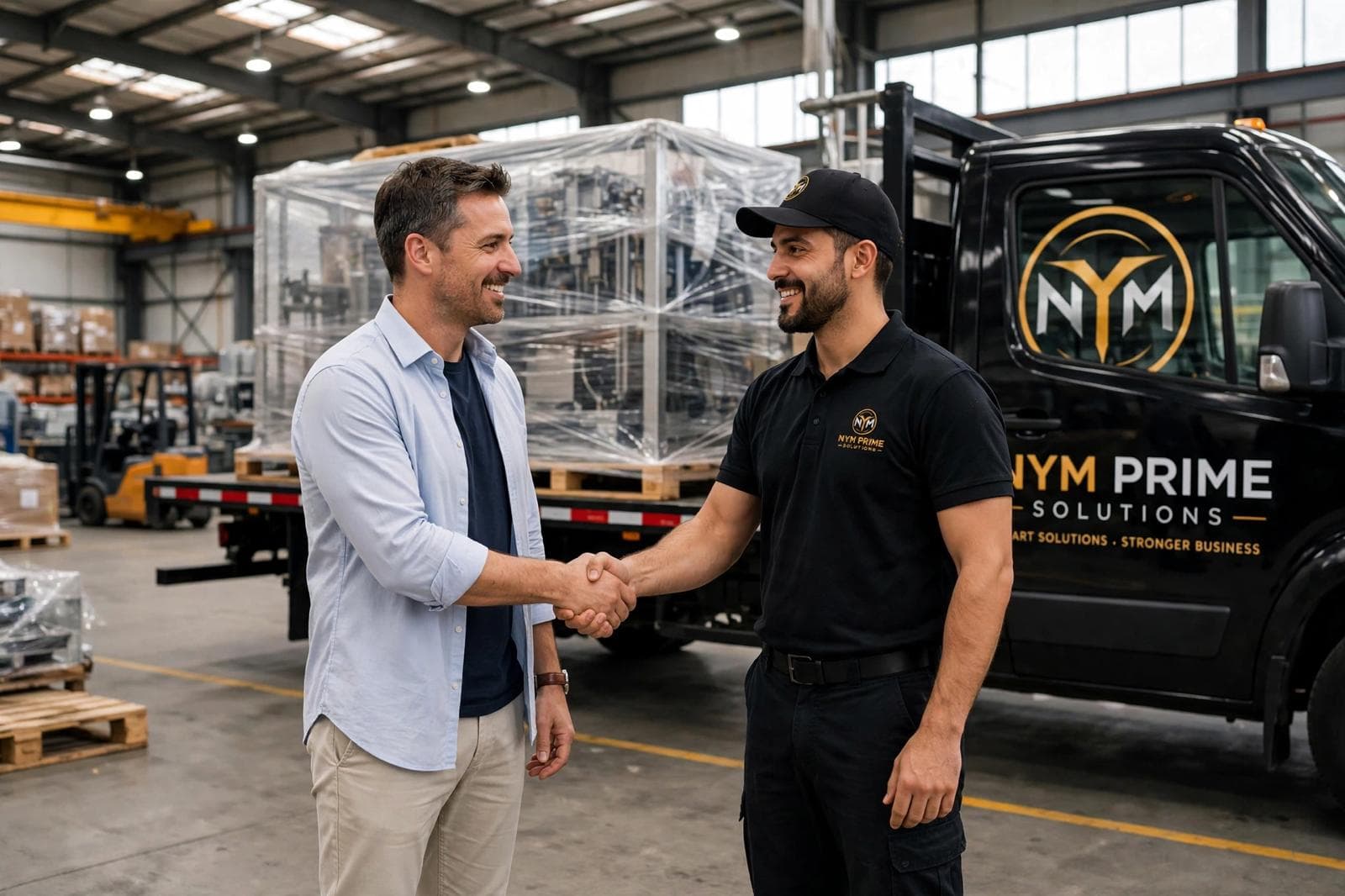 Tevreden zakelijke klant met het NYM Prime Solutions team na succesvol industrieel transport