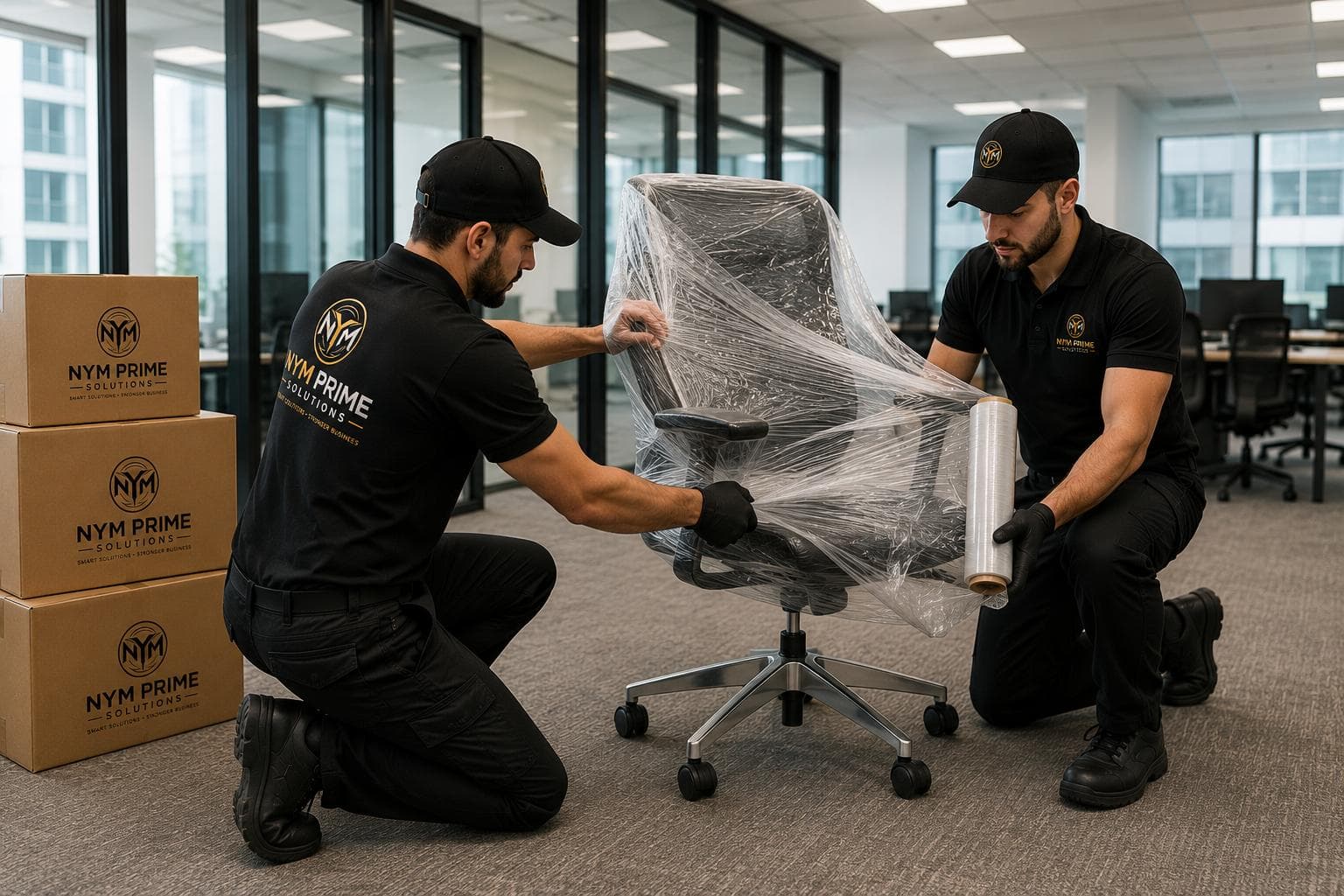Office relocation team planning a business move with documents and equipment in a modern office