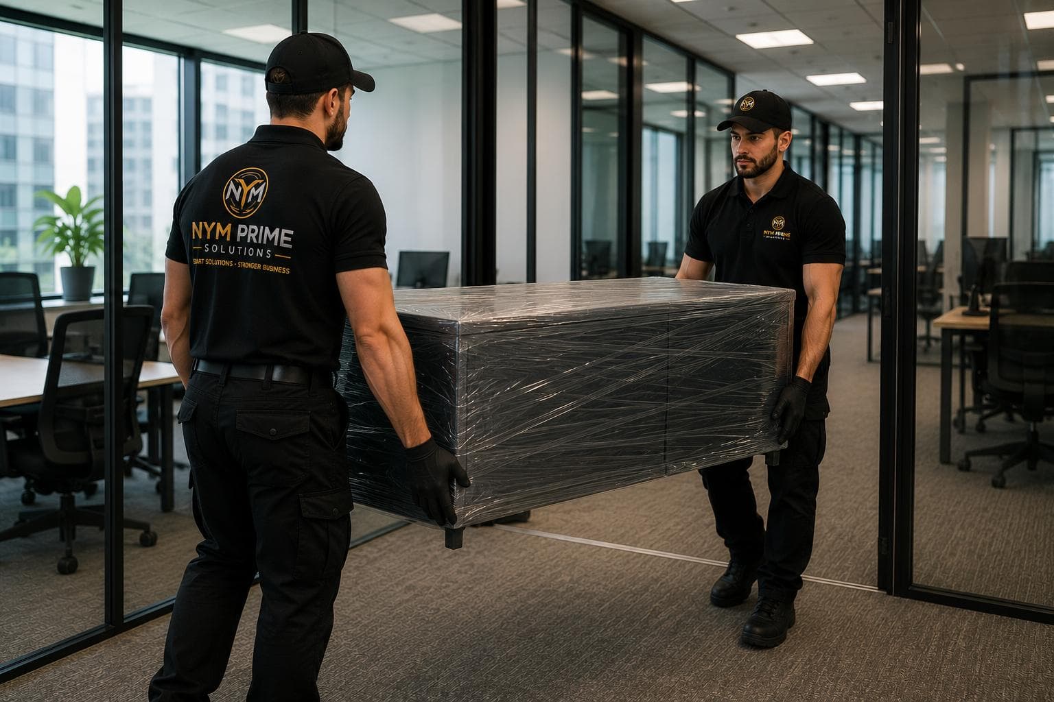 Office desks and chairs wrapped with protective materials before relocation