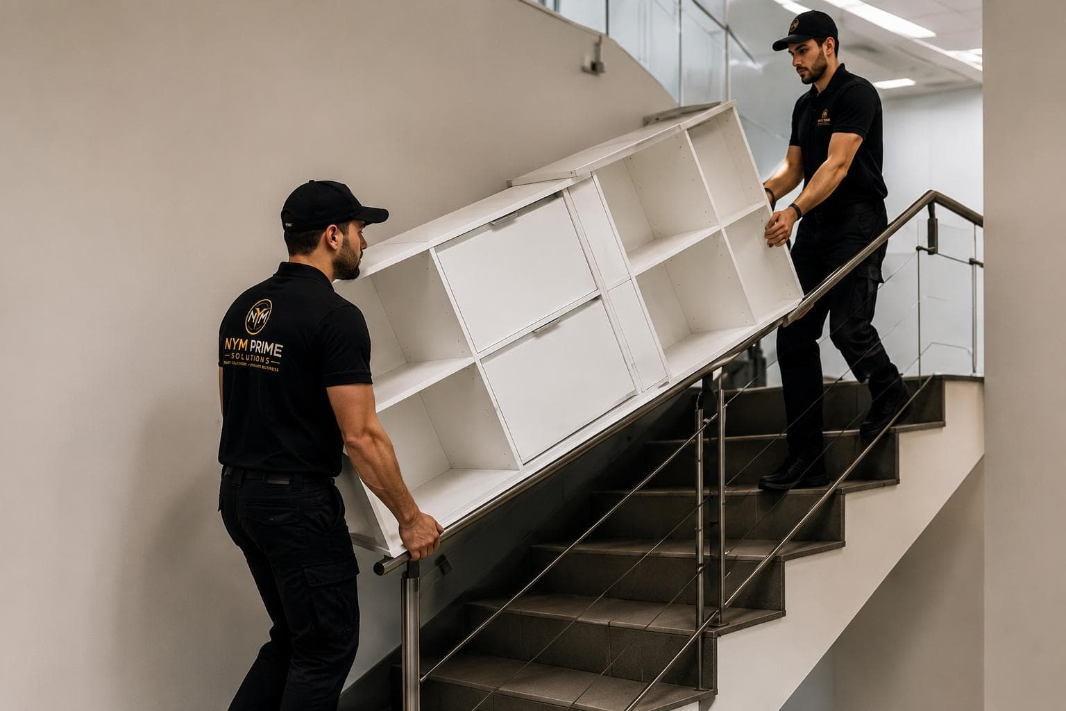 Team dismantling office furniture in preparation for business relocation