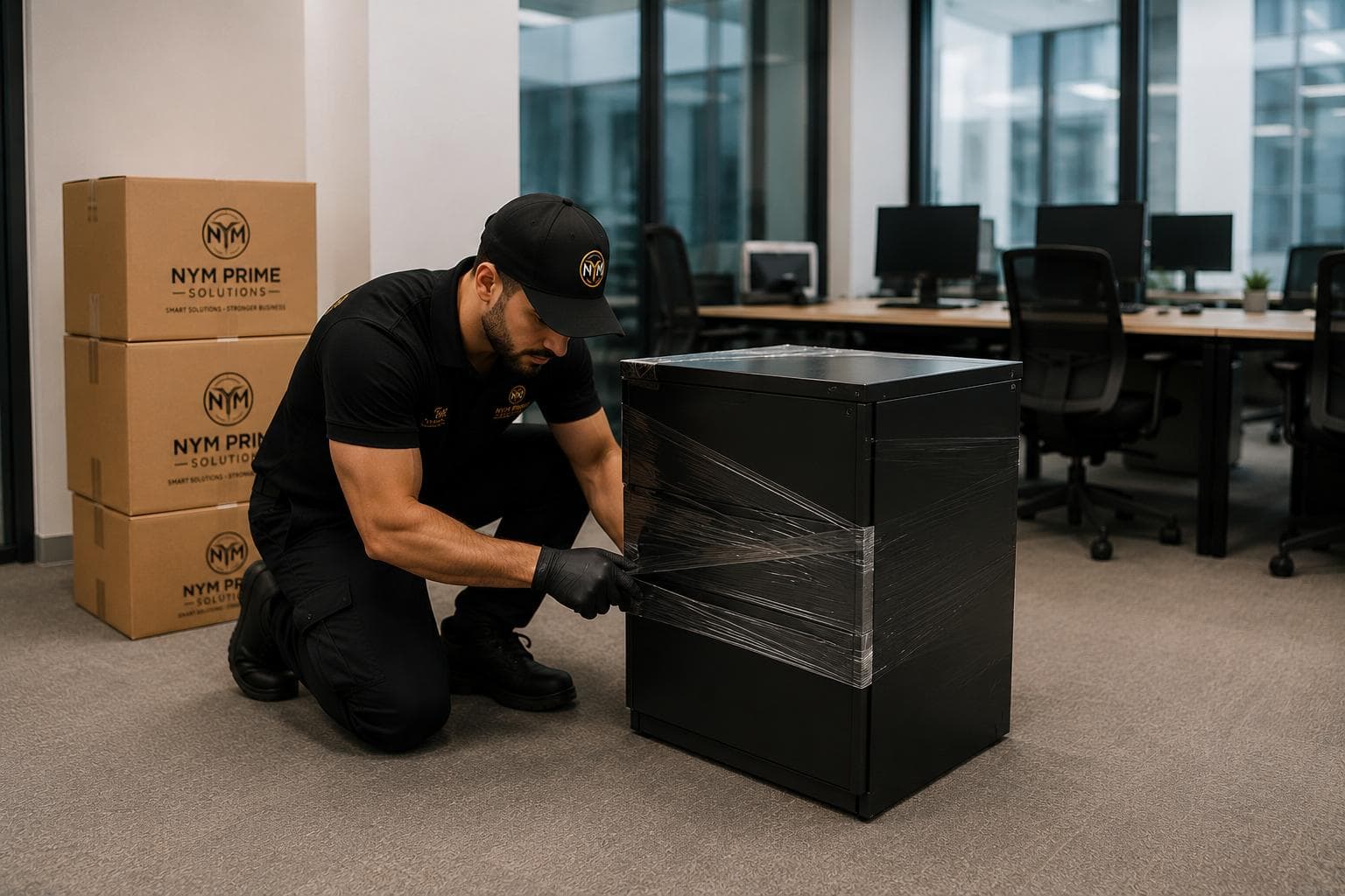 Movers carefully carrying wrapped office furniture through a commercial building