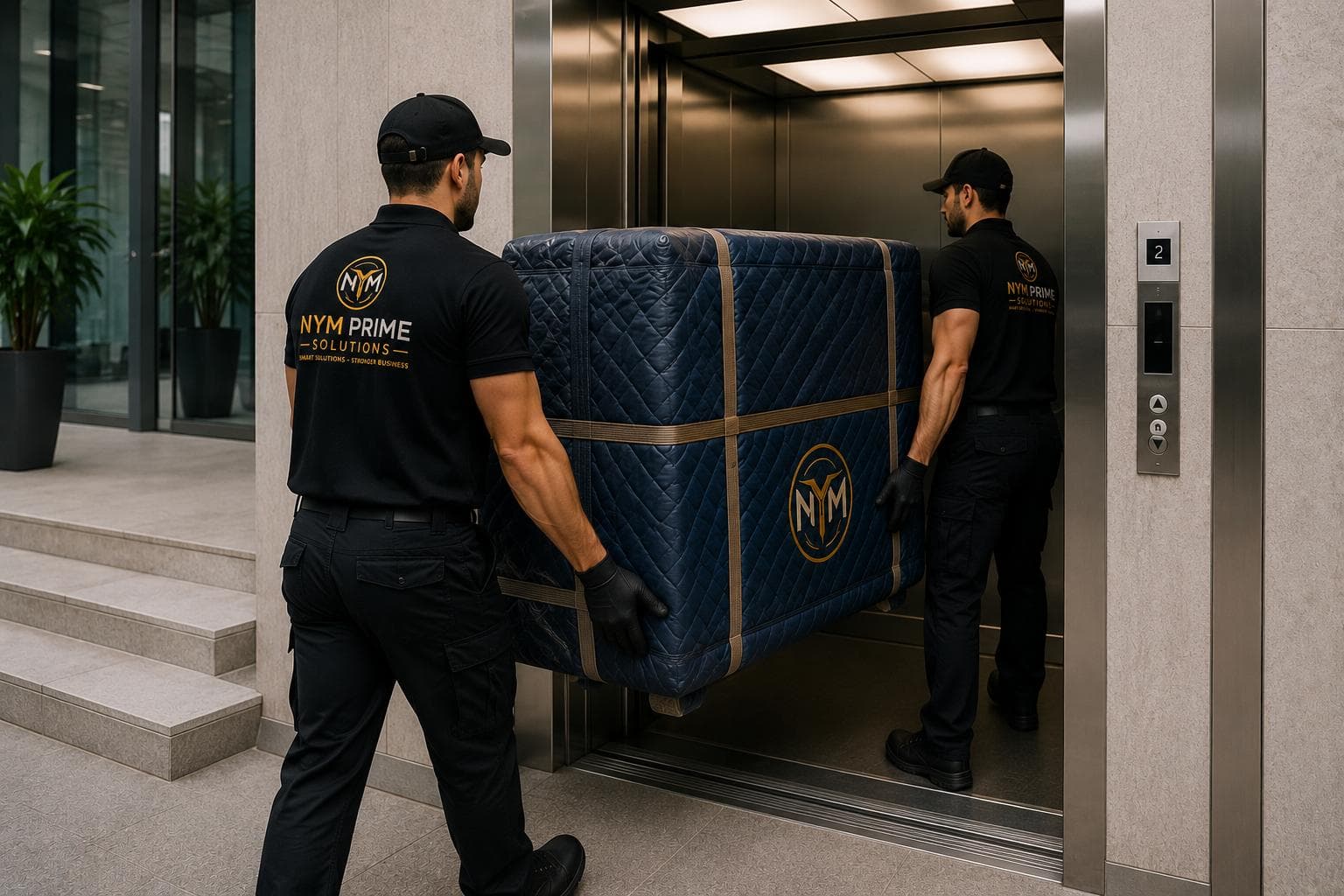 NYM Prime Solutions team loading office furniture onto a relocation truck