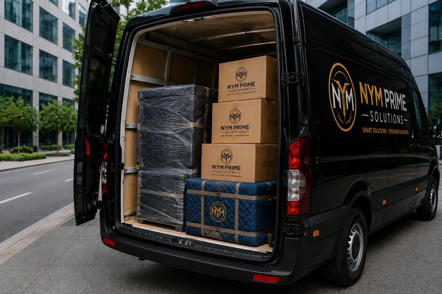 Coordinated office move with team transporting filing cabinets and storage units