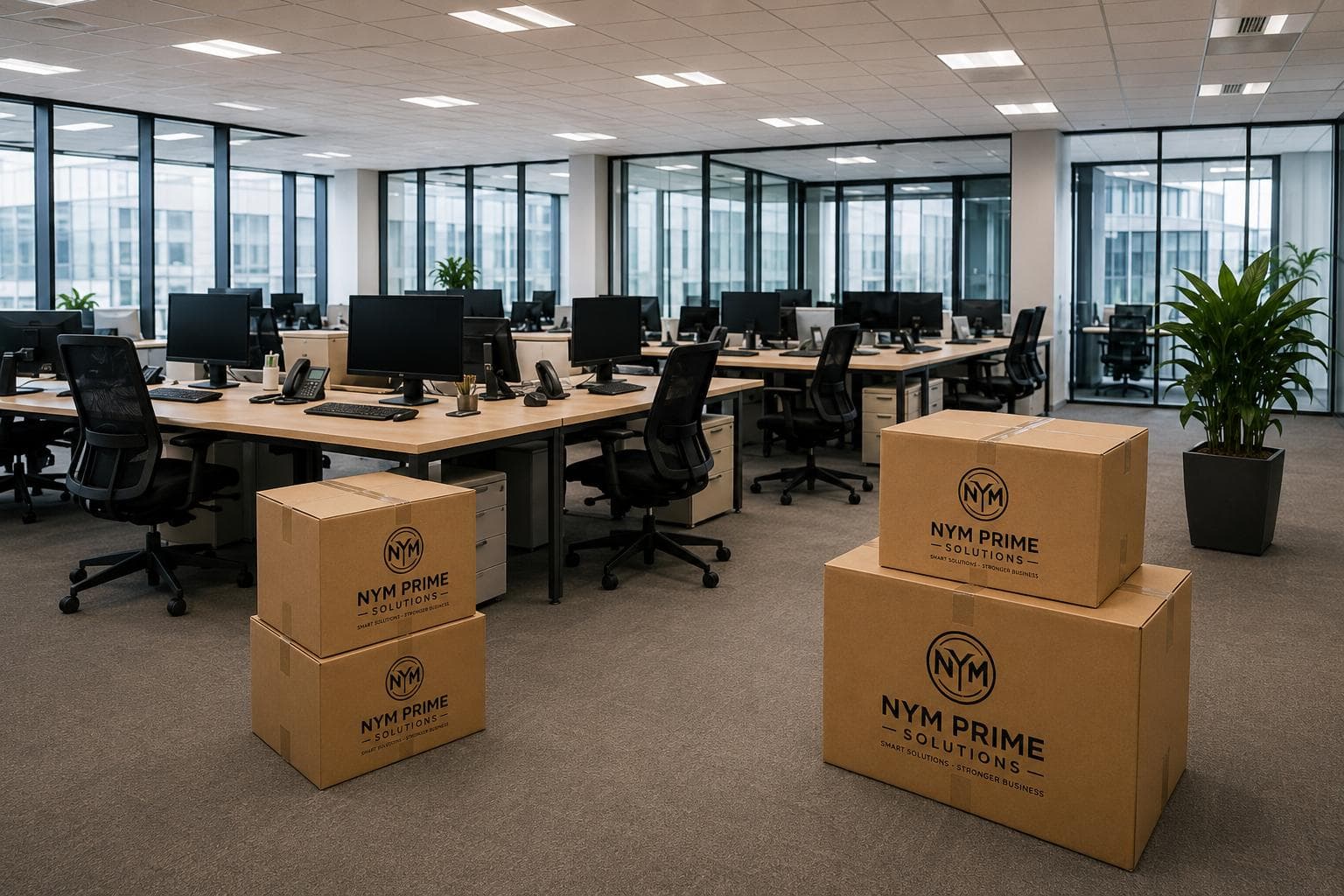 Business relocation team moving conference room furniture and office partitions