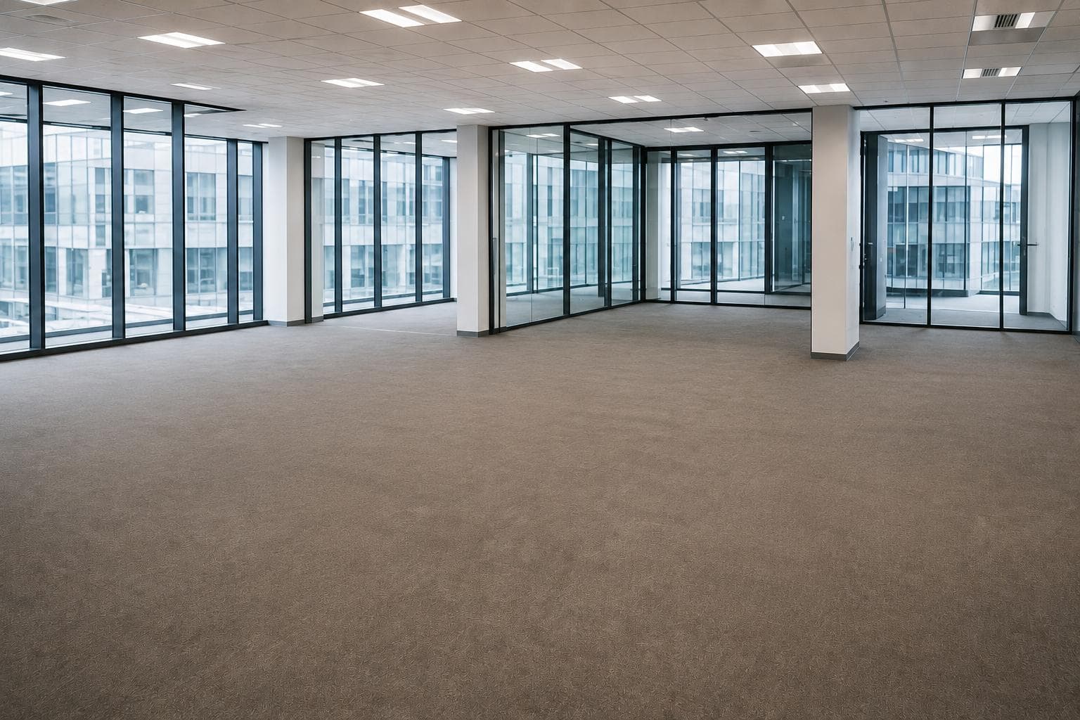 Movers navigating office furniture through a corridor during a company relocation