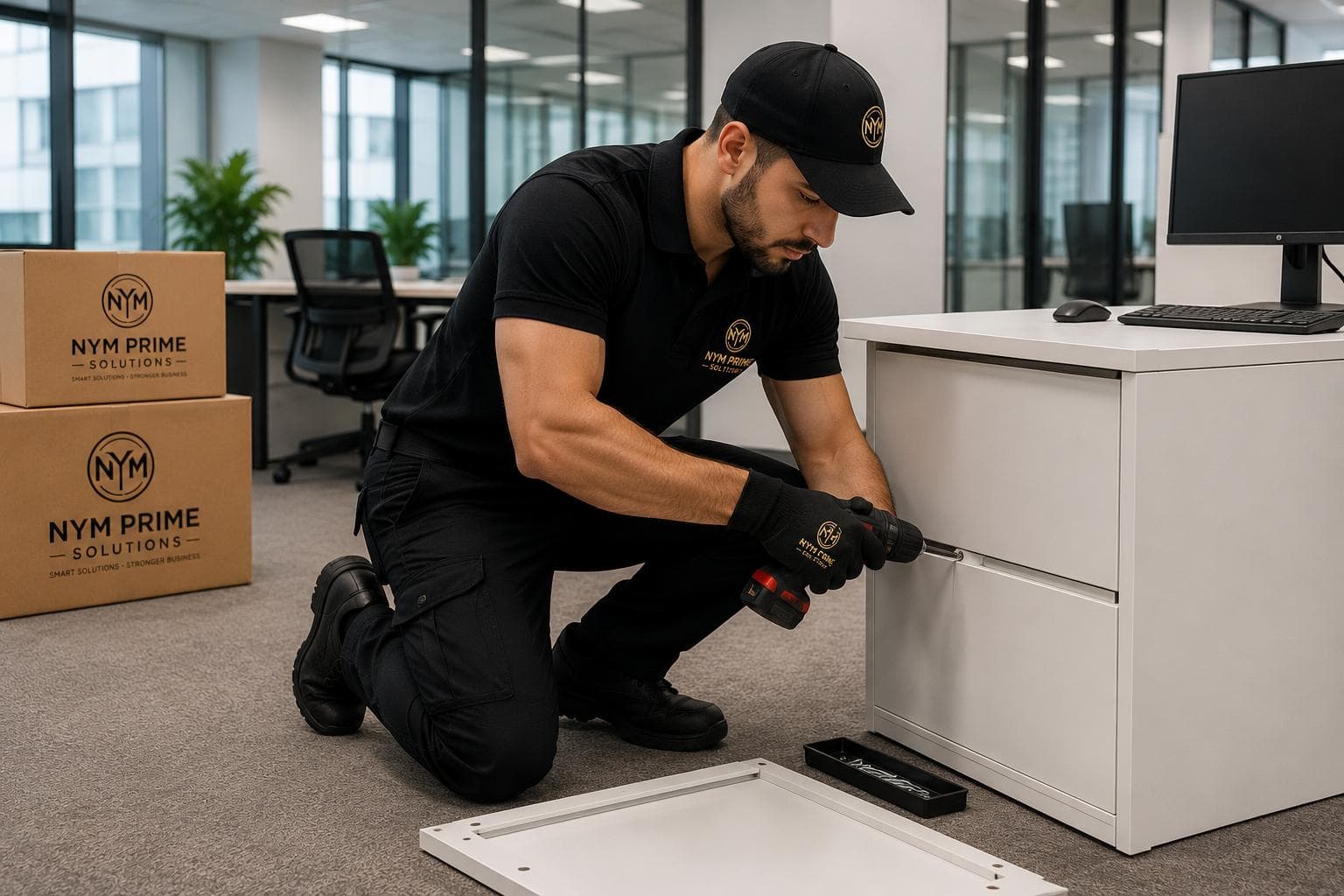 Professional unloading of office equipment at a new business location