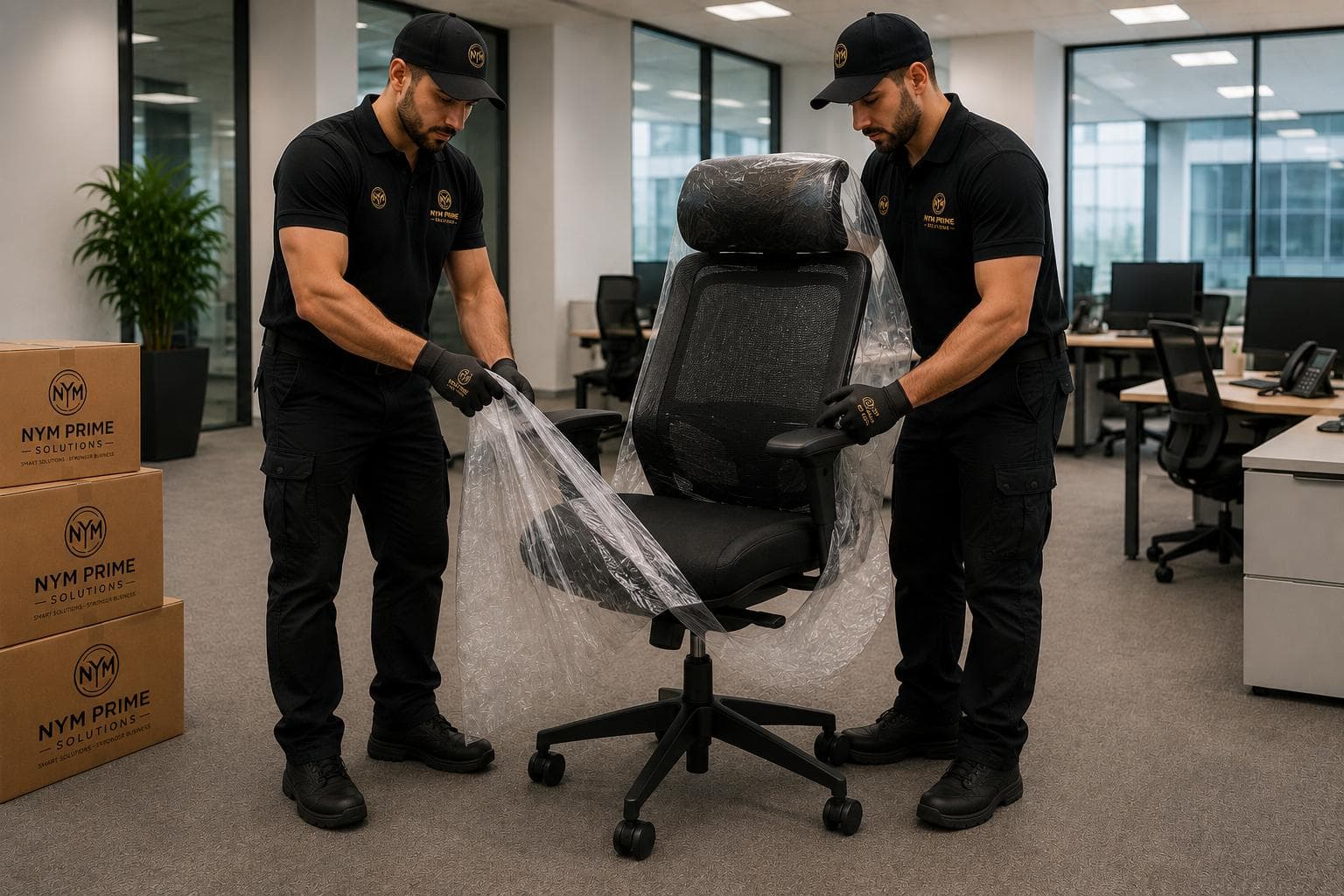 Office furniture being positioned in a new workspace after relocation