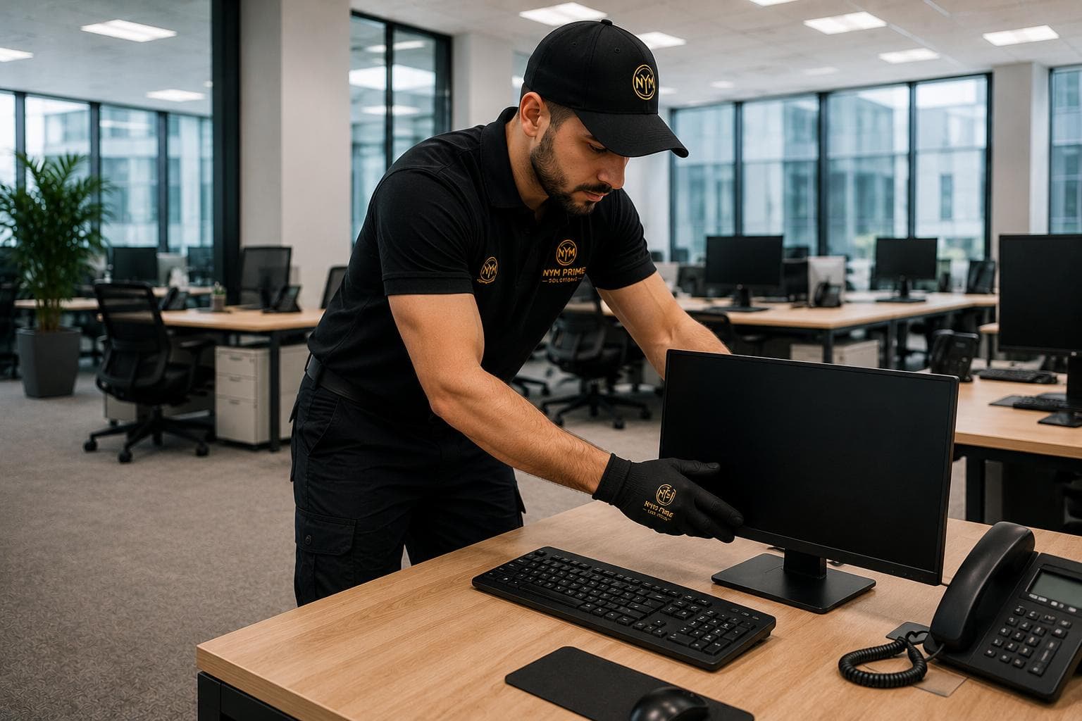 Team reassembling office desks and workstations at the destination