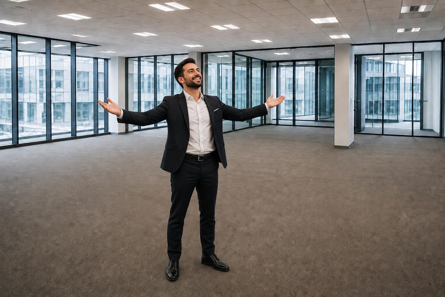 Chef d'entreprise satisfait dans son nouveau bureau avec l'équipe NYM Prime Solutions après un déménagement réussi