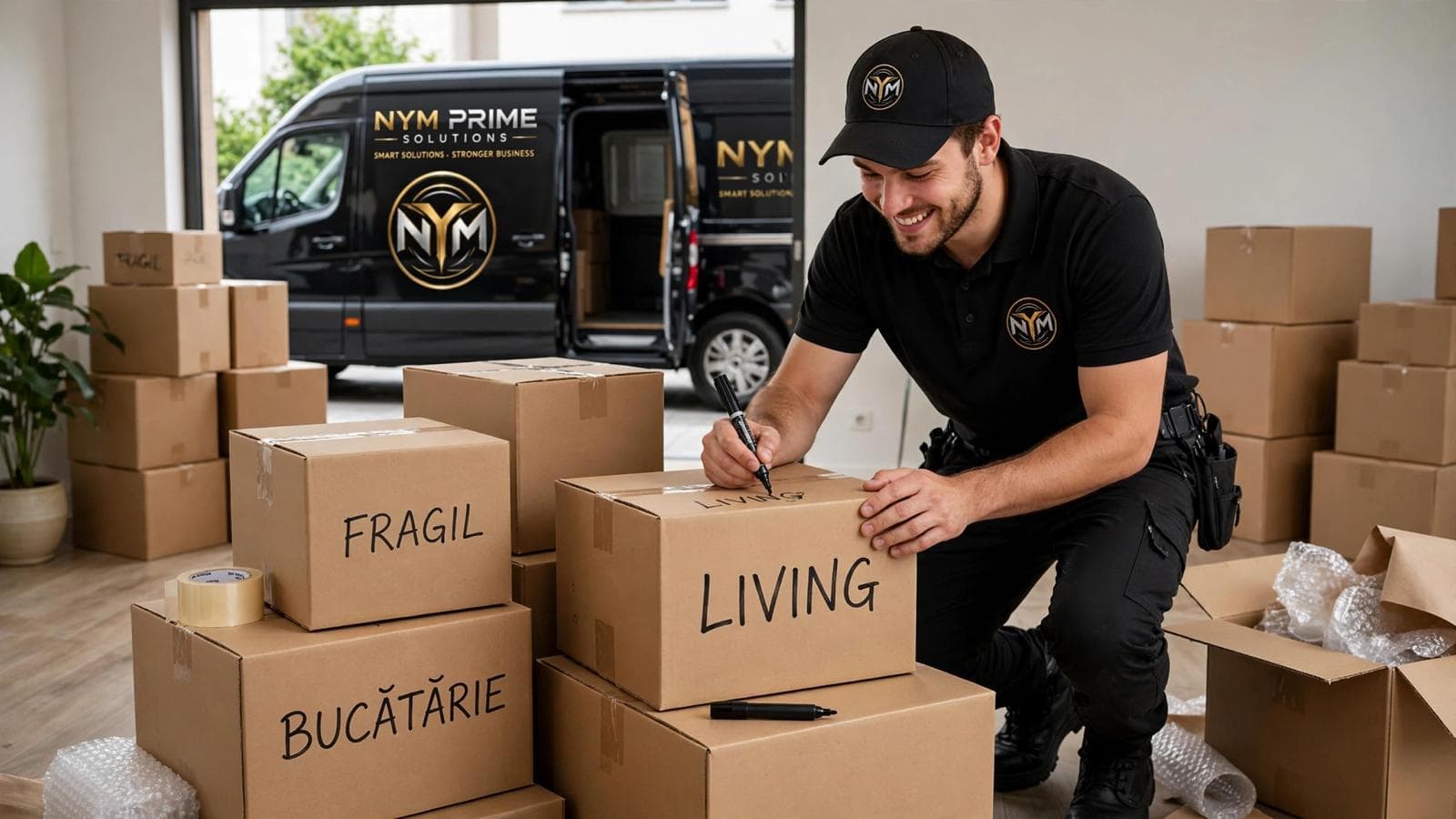 Organised packing of household goods into sturdy moving boxes
