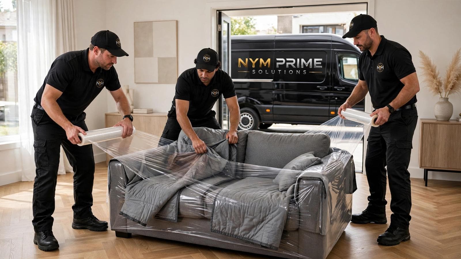 Furniture protected with blankets and stretch film before transport
